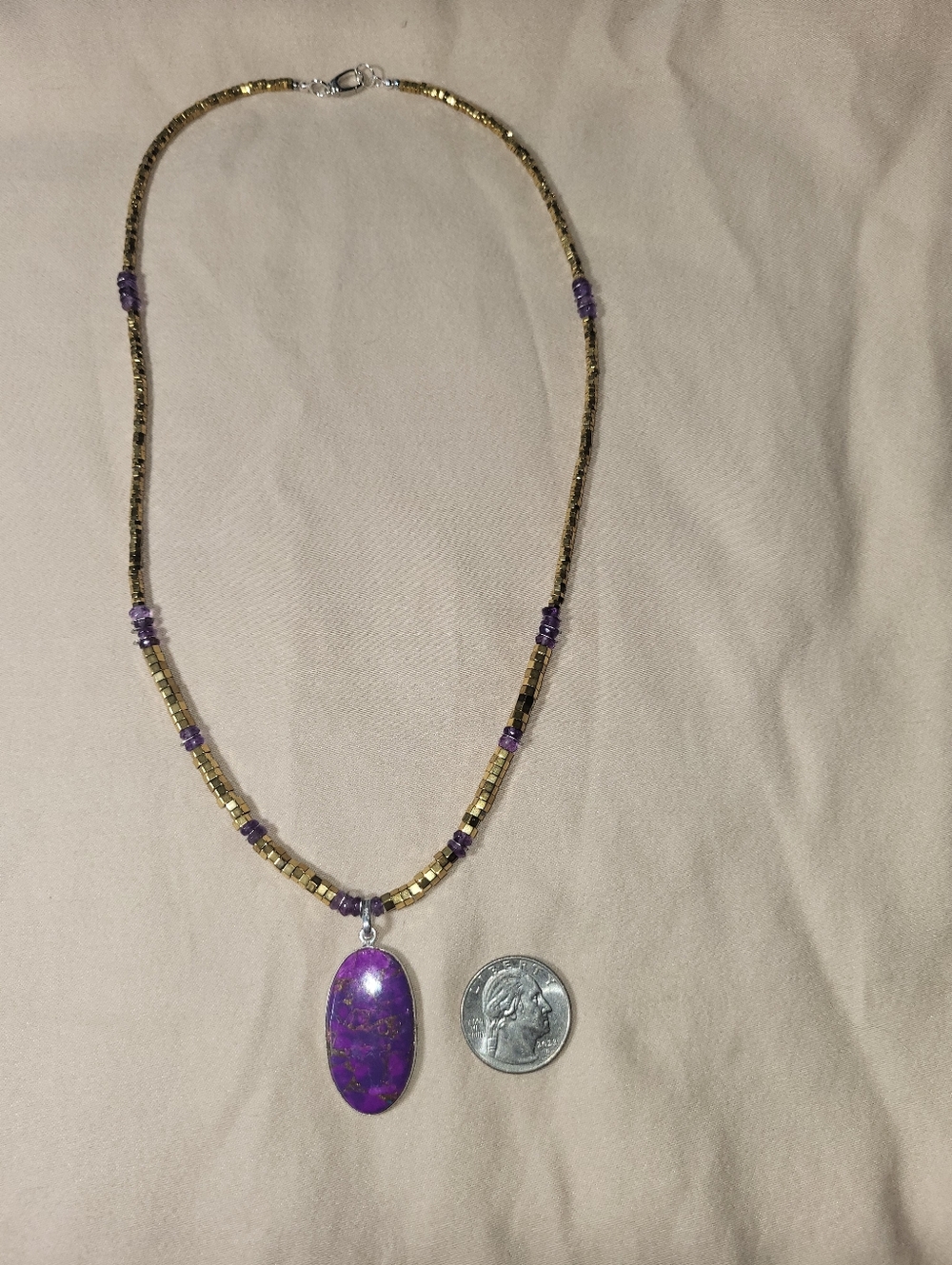 Hand Crafted Amethyst, Hematite And Purple Mojave Turqoise Reversable Pendant